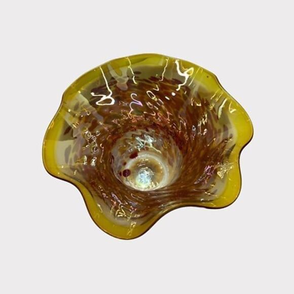 Wimberley Glass Works Art Bowl Vase Ruffled Scalloped Edges Amber Red Signed New - Picture 7 of 12